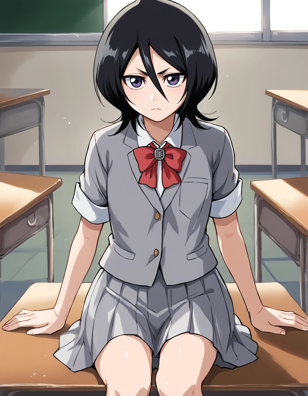 , kuchiki rukia, 1girl, solo, cowboy shot, soul reaper uniform, school uniform, sitting on table, school class room, grey uniform, red bowtie  <lora:Rukia:1>, score_9