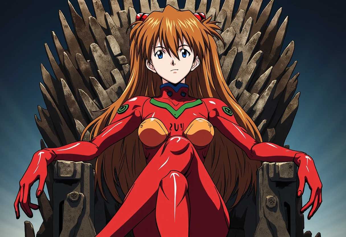 ppasuka in plug suit.  She sits on the iron throne from game of thrones, one leg over another.
anime, <lora:asuka_1_2_flux-000005:1>