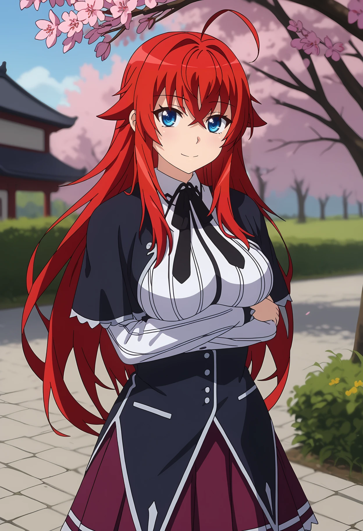 score_9,
<lora:HighschoolDxD_RiasGremoryXL:0.9>,
1girl, solo, closed mouth, light smile, light blush,
long hair, red hair, blue eyes, ahoge, crossed bangs,
RiasGremory, black capelet, striped shirt, white shirt, neck ribbon, black ribbon, long sleeves, black corset, buttons, pleated skirt, frilled skirt, purple skirt,
crossed arms, breast hold, standing, looking at viewer, cowboy shot, thigh gap,
blurry background, outdoors, school, cherry blossoms