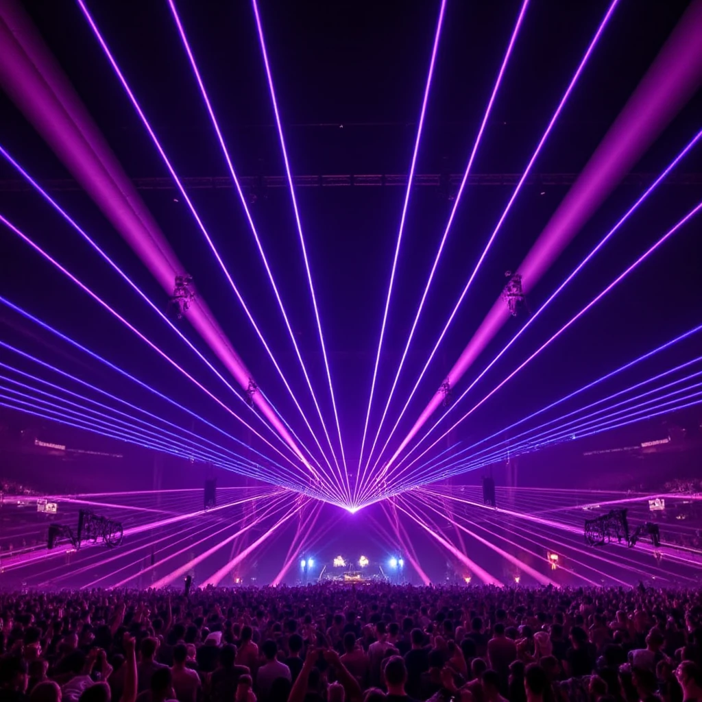 Music Festival, A concert is being shown. There are a lot of people in the crowd. The ceiling is very high and there are lines of lights on the ceiling. The lights are purple and pink.