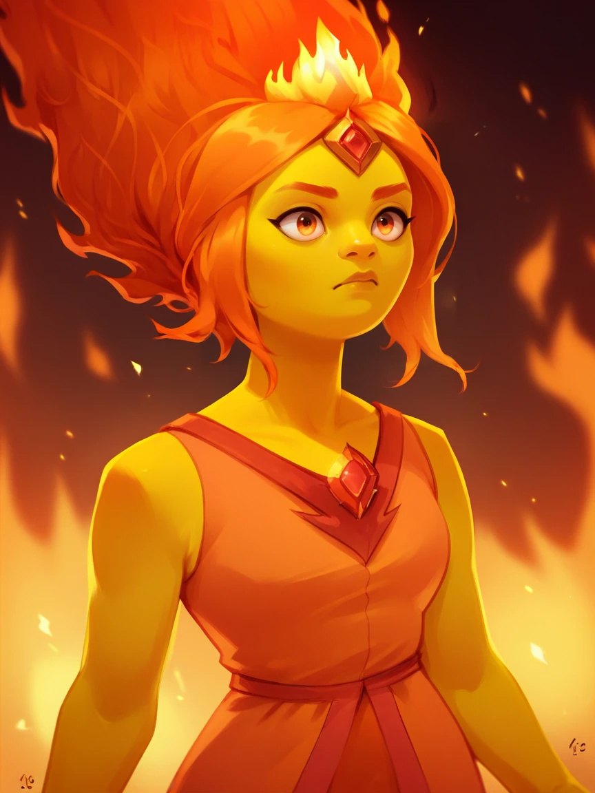 score_9, score_8_up, score_7_up, score_6_up, score_5_up,  <lora:fl4m3PXLP:1> fl4m3p, 1girl, solo, fiery hair, forehead jewel, fire, yellow skin, orange hair