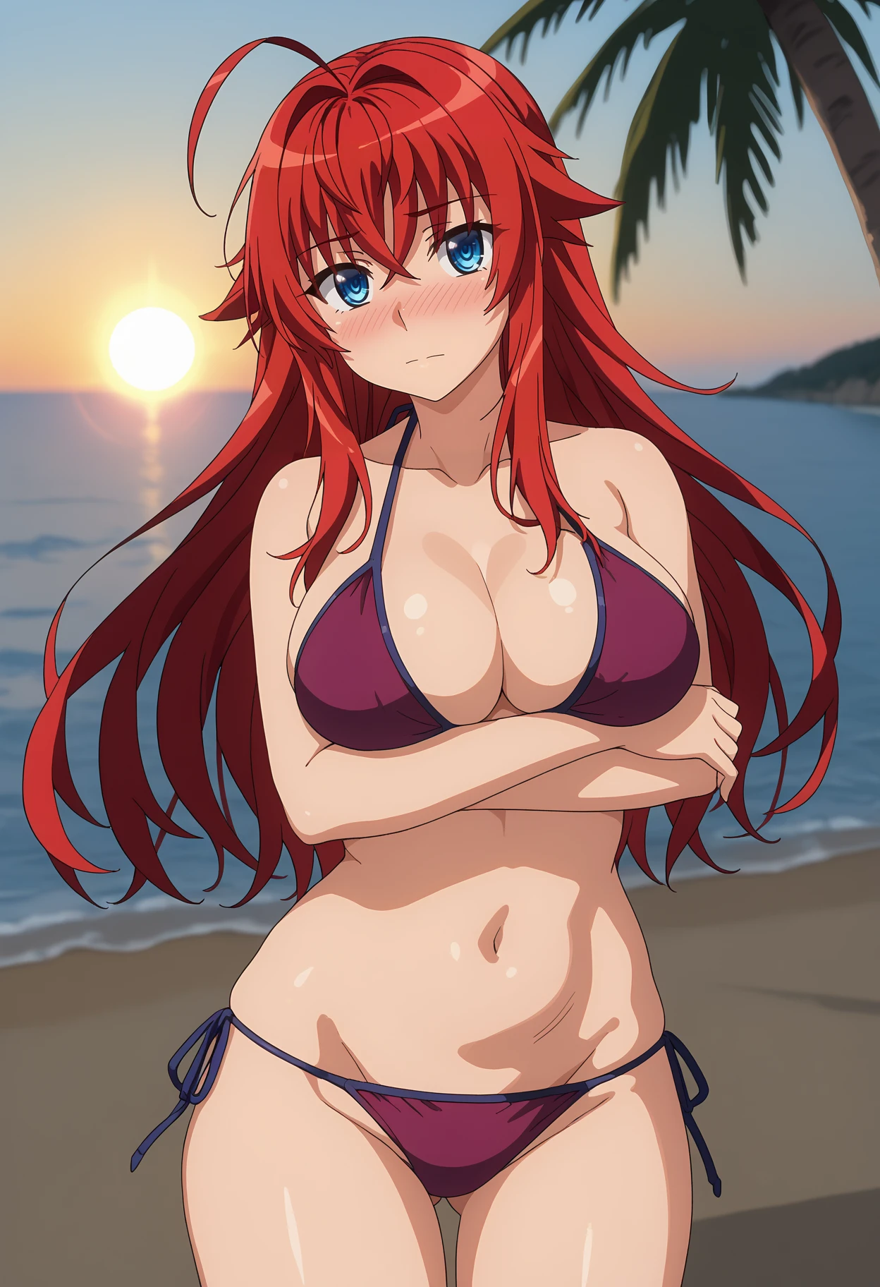 score_9,
<lora:HighschoolDxD_RiasGremoryXL:0.9>,
1girl, solo, closed mouth, nose blush,
long hair, red hair, blue eyes, ahoge, crossed bangs,
RiasGremory, purple bikini, halterneck, cleavage, large breasts, side-tie bikini bottom,
standing, crossed arms, breast hold, looking at viewer,
sunset, blurry background, horizon, beach, palm tree, lens flare, evening