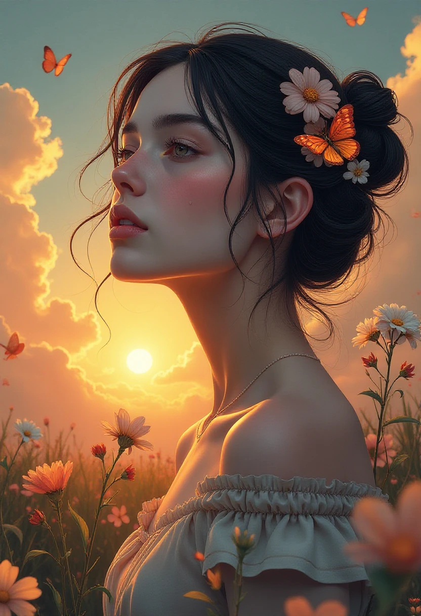 ((absurdres posterart)) realistic graceful 20-year-old 1girl,A dress of flowers and butterflys, Perfect clouds in the sunset, motif buttereflies flying firefly, sounds of morning melody, Motif sunset shades, motif sunset tones, Rossdraws, Atey Ghailan, Benedick Bana, and carne griffiths, Fields of flowers,
detailed face focus, rays tracing, piercing light, , long face :1