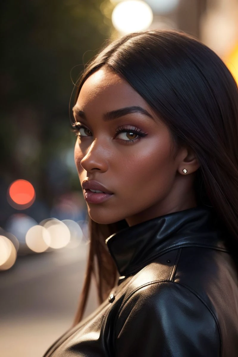 closeup headshot of S522_ElindaSan,an attractive woman,in a (city:1.1),wearing a (leather jacket),(turtleneck shirt),sunset,(4k, RAW photo, best quality, 50mm, depth of field, ultra high res:1.1),(intricate, photorealistic, cinematic-shot, masterpiece, ultra-detailed:1.1),