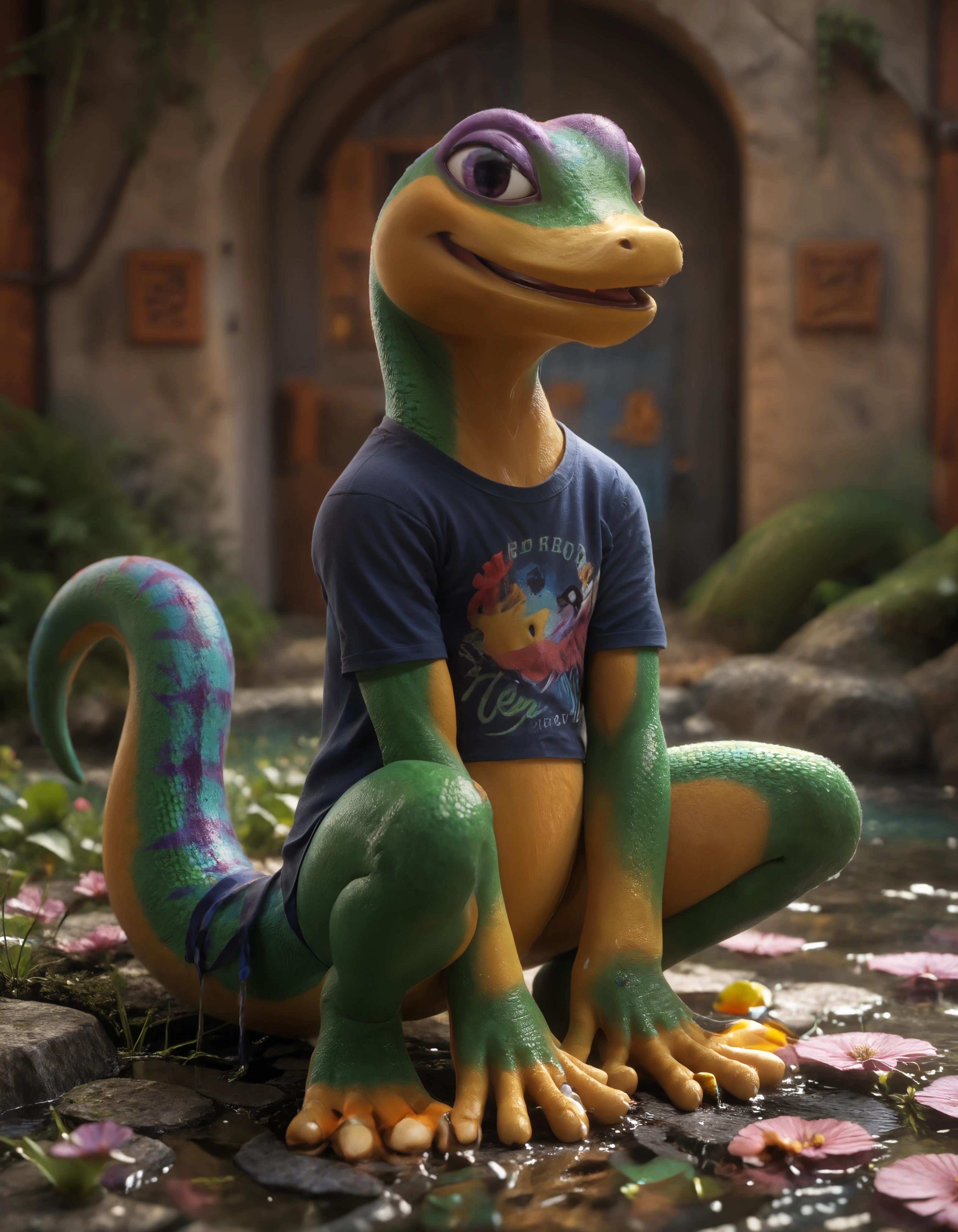 score_9, score_8_up, score_7_up, BREAK (anthro, furry:1.1), depth of field, cinematic lighting, masterpiece, detailed hands, detailed face, best quality, ultra realistic, 4k, 2k, film photography, RAW photo, photorealistic, analog style, subsurface scattering, photorealism, embedding:unaestheticXL_bp5, embedding:zPDXL,(best quality, high quality, 8K:1.5), <lora:add-detail-xl:2.5>, <lora:fix_hands.safetensors:2.0>, <lora:2.5DRealisticV2.safetensors:0.3>, <lora:sinfully_stylish_SDXL.safetensors:0.6>,  <lora:AdvancedEnhancerXLv2.safetensors:1.0>, (hi res), ((masterpiece)), ((best quality)), illustration, <lora:Gex_the_Gecko.safetensors:0.7>, anthro, furry, gex the gecko, gecko, lizard, scalie, solo, digitigrade (full body, sitting. close up, smile, open mouth, wetland, t-shirt, dressed:1.15)