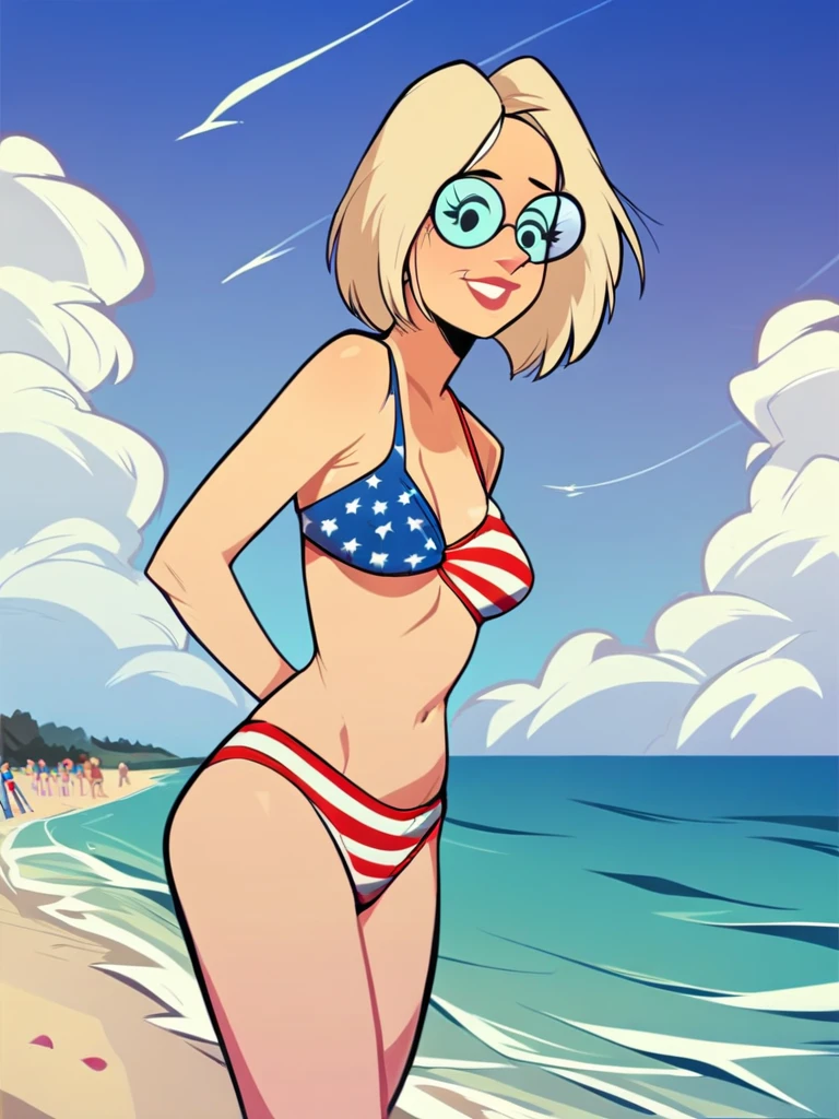 score_9, score_8_up, score_7_up, score_6_up, score_5_up, score_4_up , Rosemary_HKP, american flag bikini, round glasses, beach, ocean, sun, sky cloud, crowd, detailed background, detailed face, detailed eyes, retro artstyle, cartoon, <lora:rosemary-hkp-v1:1>