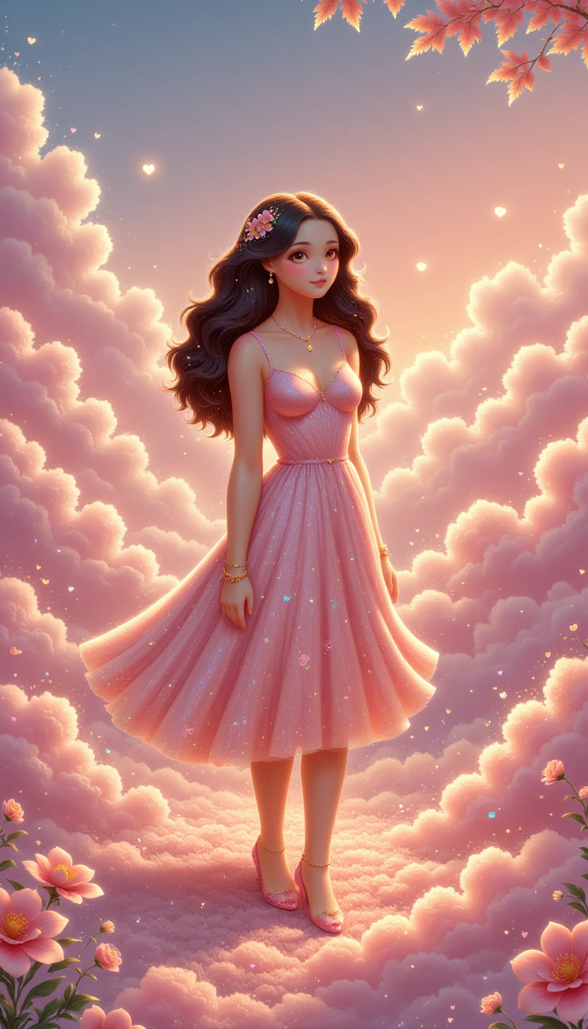 glitters, glowing hearts, A sweet young woman in a pastel pink setting, surrounded by soft flowers, fluffy clouds, and a warm sunlight, wearing a flowy pink dress and a gentle smile