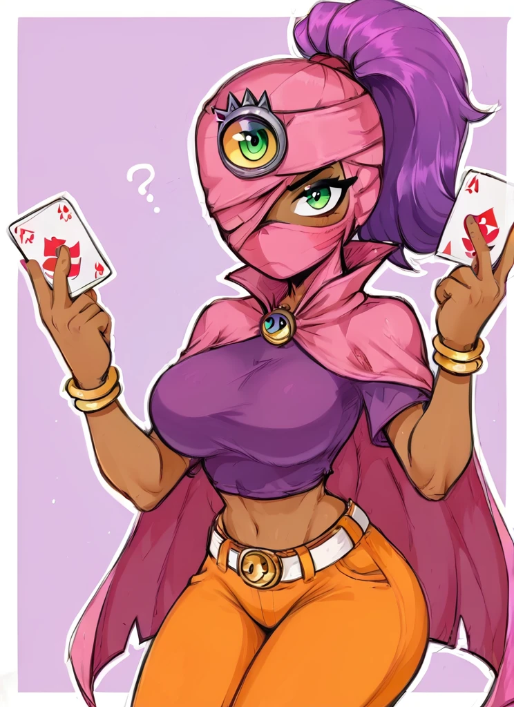 score_9, score_8_up, score_7_up,  bstara,  , Third Eye, purple hair, ponytail, dark skin, dark-skinned female, mask, one-eyed, cape, bracelet, crop top, purple shirt, orange pants, 1girl, solo, long hair, breasts, large breasts, jewelry, green eyes, card, <lora:bstara:1> <lora:Aer0Zer0_Artist_Style:1> , blush  , blush stickers,  confused,  looking at viewer,