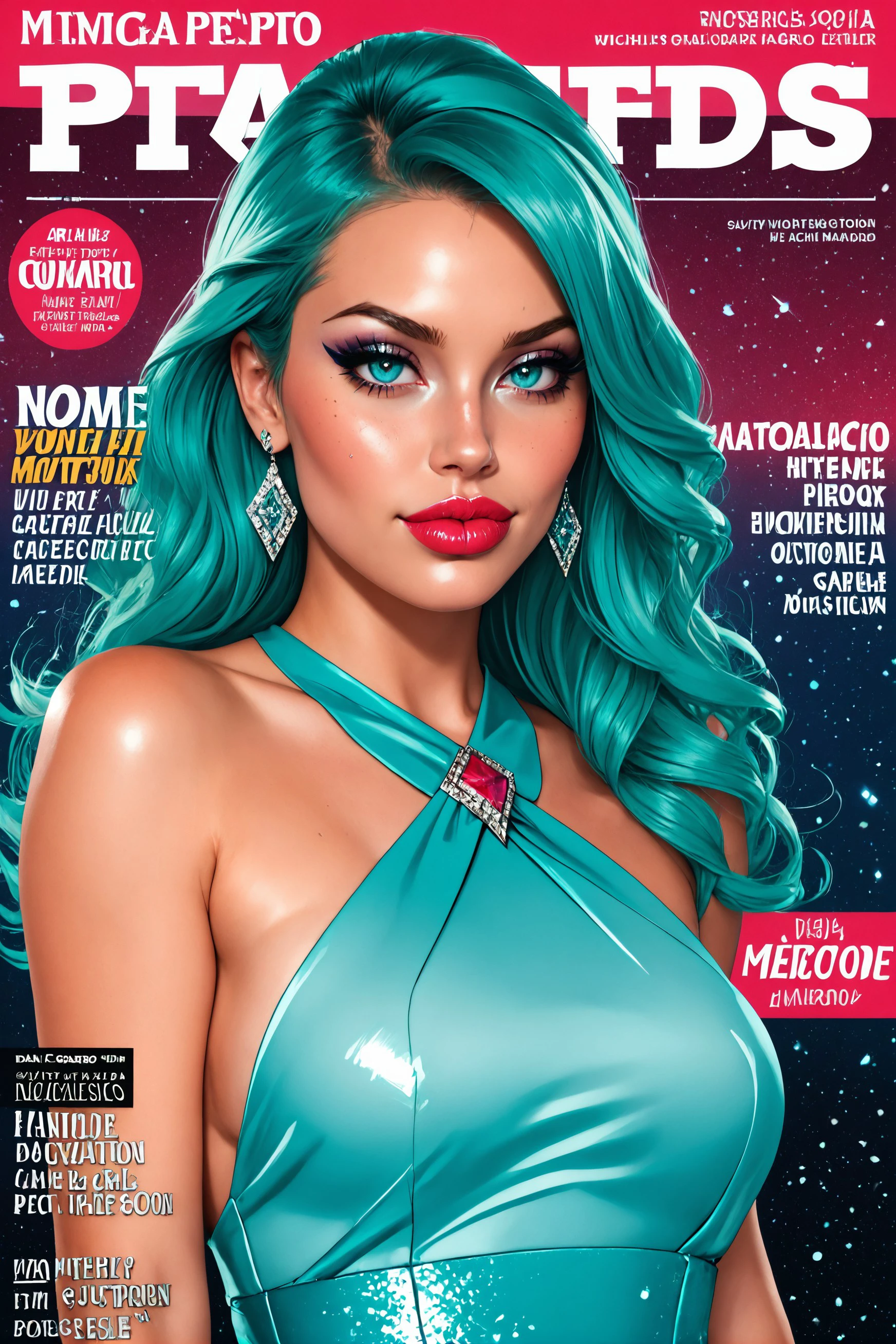 magazine cover style, iridescence cloth, rainbow, colorful smoke, colorful glass,  fashion tabloid style, text, frame, graphical design, shapes, numbers,
([Evelyn|Aurelia|Eleanora]:1.05), Glamour magazine, classic wrap dress, Elegant Full-Cover Dress, winter dressm
Classic Red Lip Look,
up close photo of a woman with heavy smoky makeup, beautiful detailed eyes,
full lips,
short aqua hair, hard night partying, freckles, closed mouth,
sparkling look, tattoos, large lips, (Diamonds pattern:0.9),
skin detail, pores, realistic, imperfections, English, (Hiragana, Katakana,:0.8)