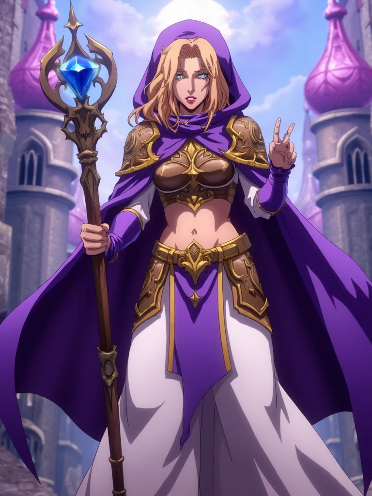 ntflxcstlvn style, anime screencap, female sorceress wearing ornate cropped metal breastplate with purple hooded cloak with pauldrons, blonde hair with some streaks on shoulder, wide white pants with purple boots, golden edgs on whole outfit, she is holding ornate staff with blue crystal on top, ornate fantasy town with purple stained glass domes on top on background,  <lora:SXZ_Castlevania_Flux:1>