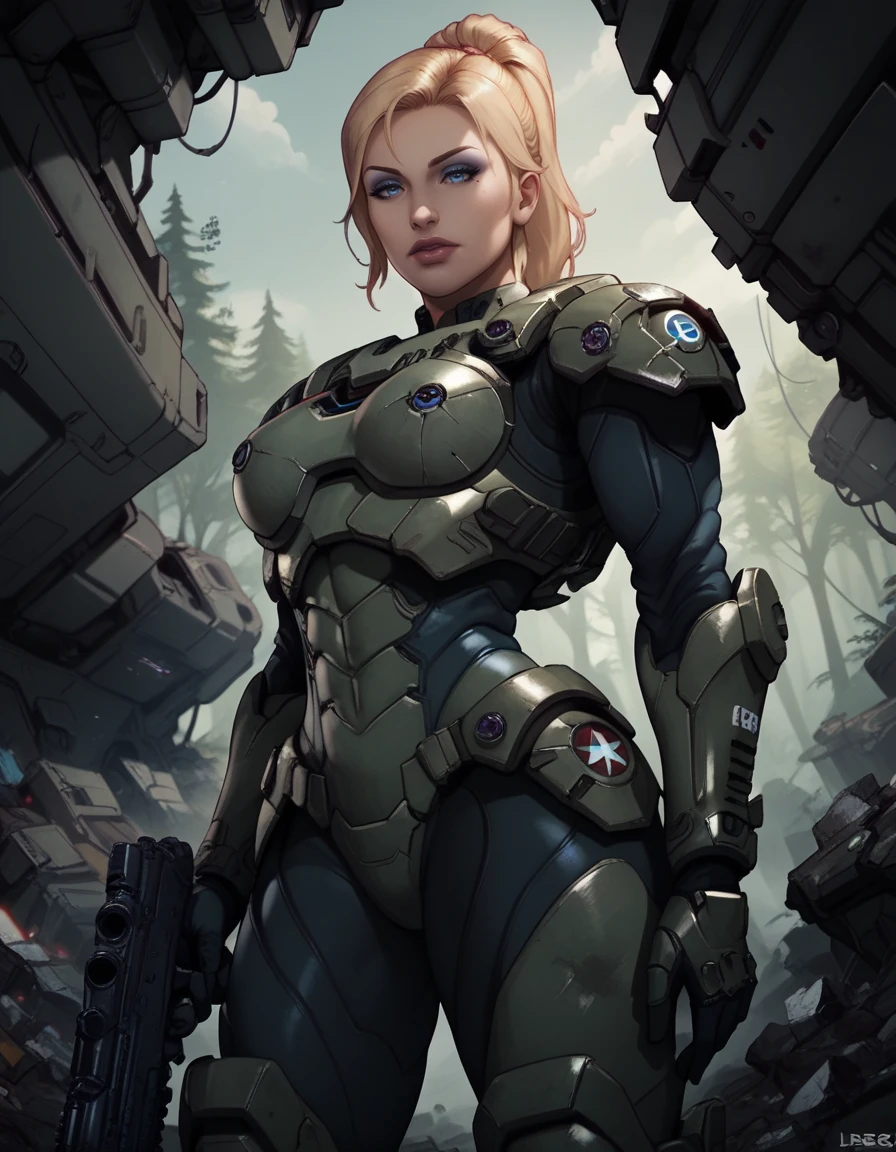 score_9, score_8_up, score_7_up,     
1girl, solo,
icesstdg,
blonde hair, ponytail, blue eyes, makeup, lipstick,
armor, 
science fiction, forest, spacecraft, debris,
from below,
looking at viewer, half-closed eyes, 
holding assault rifle, 
 <lora:Ice SS Troopers PXL v01-000001:0.90>