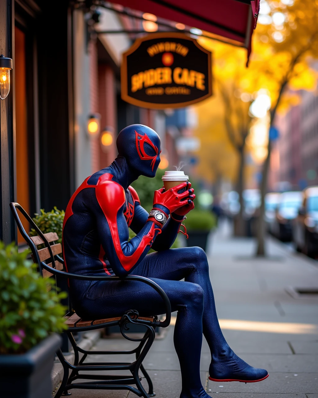 aiai-SM2099 candid mobile photography of spider-man 2099 enjoying a cup of coffee outside a hipster café in brooklyn, autumn light