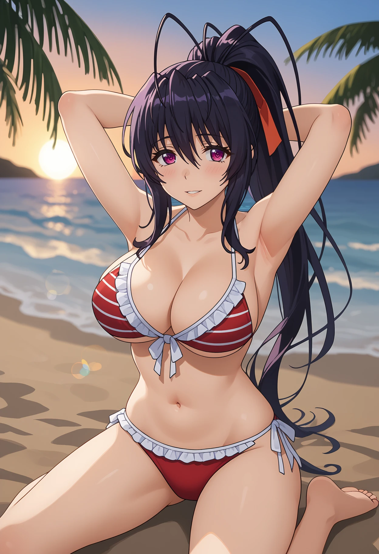 score_9,
<lora:HighschoolDxD_HimejimaAkenoXL:0.9>, HimejimaAkeno,
1girl, solo, parted lips, light smile, light blush,
high ponytail, long hair, black hair, purple eyes, antenna hair, hair ribbon, red ribbon,
frilled bikini, striped bikini, red bikini, cleavage, large breasts, side-tie bikini bottom,
sitting, kneeling, arms behind head, looking at viewer,
sunset, blurry background, horizon, beach, palm tree, lens flare, evening