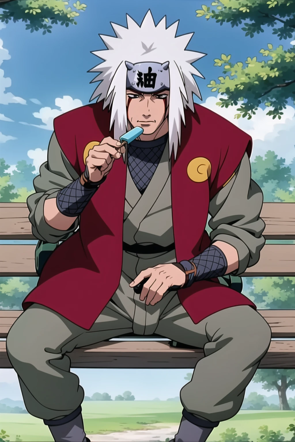 masterpiece, best quality, <lora:Jiraiya_512x512-000009_v4:0.7>, jiraiya, 1man, sitting on bench, holding, Popsicle, tree