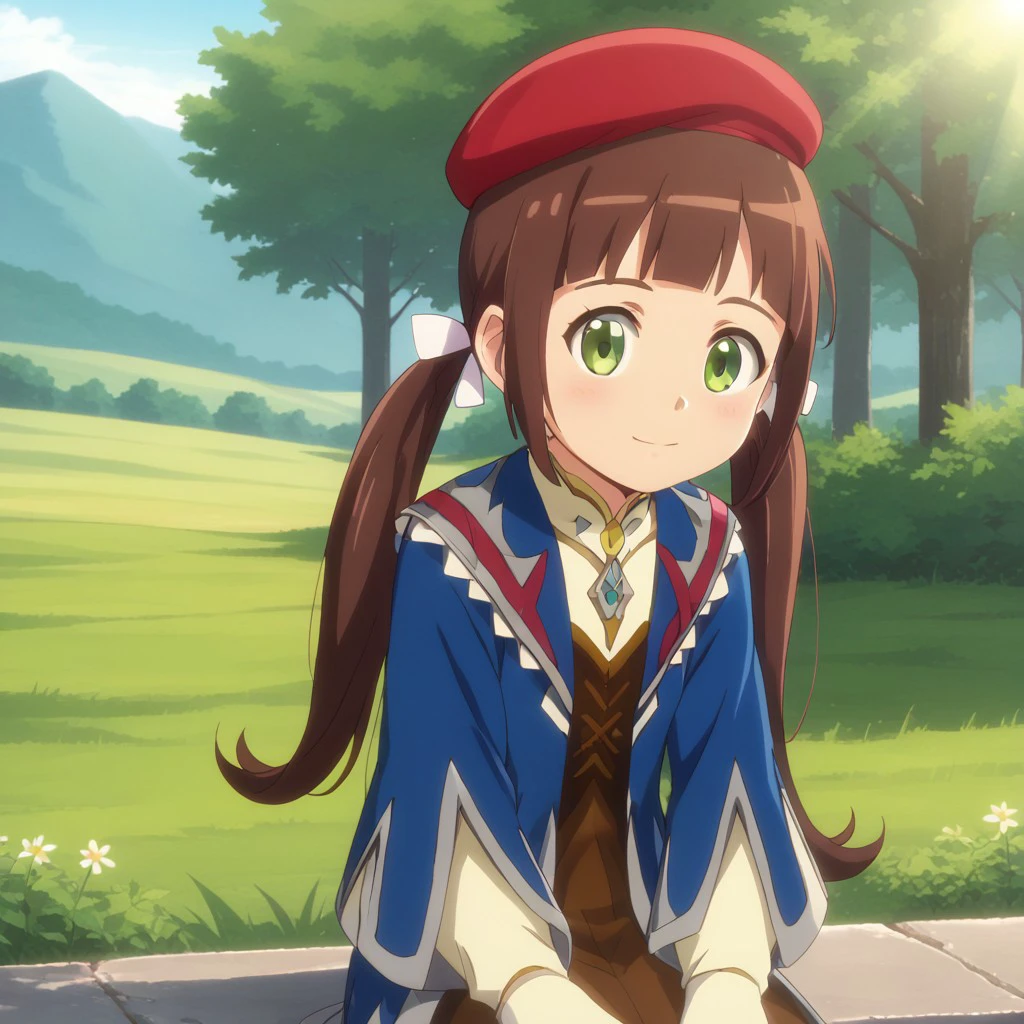 score_9, solo, lilia, beret, brown hair, twintails, green eyes, cute, sitting, outdoors, natural lighting