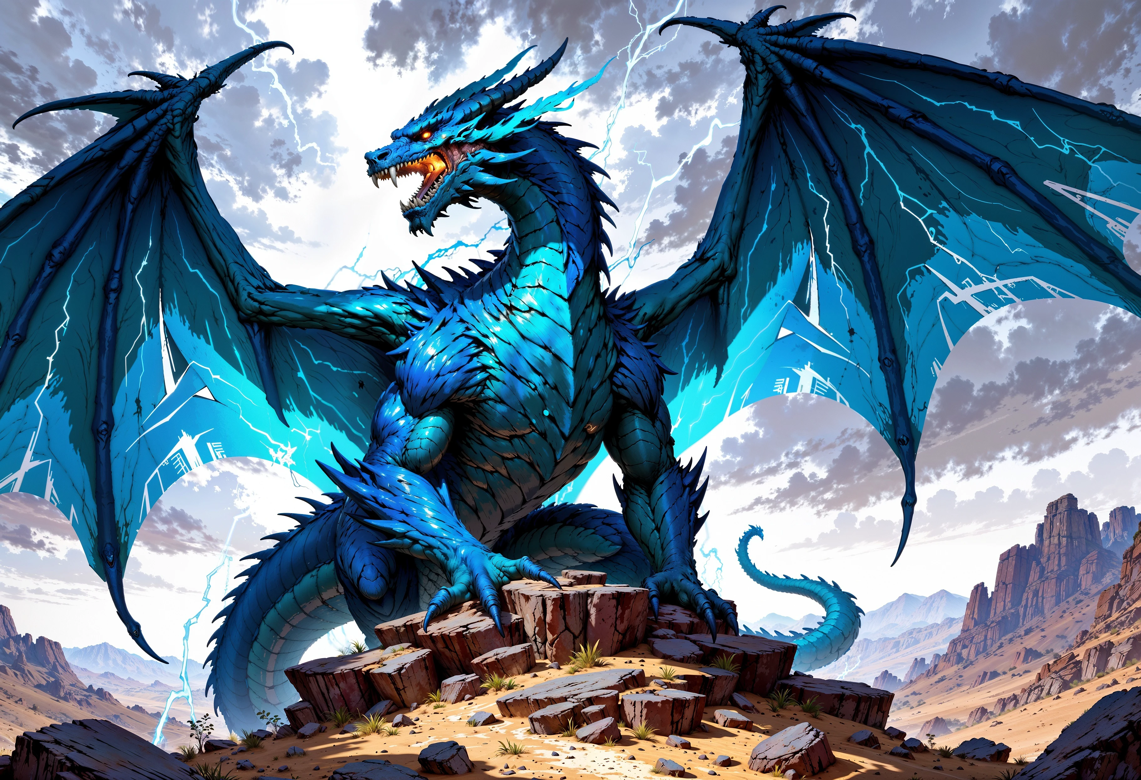 FluxEpicDragon, fantasy art, fantasy illustration, full body powerful blue dragon with large wings, lightning aura, desert  <lora:FluxEpicDragons:1>