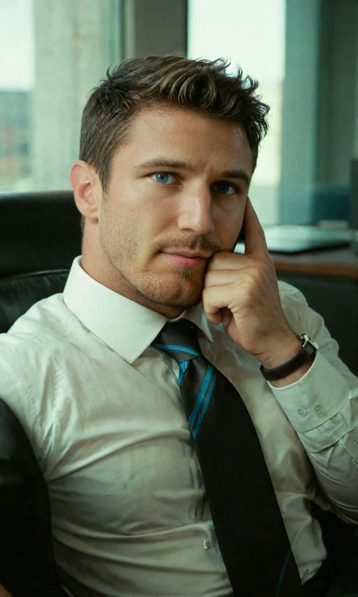 sam-cushing,<lora:sam-cushing:0.85>,muscular,brown hair,facial hair,beard stubble,looking at viewer,white shirt,black suit,tie,belt,hand on chin,head rest,
cinematic,sitting,film grain,abandoned taven,office,Short telephoto focal length,shot on ALEXA 65,reflections,dust,<lora:CinematicStyle_v1:1>,