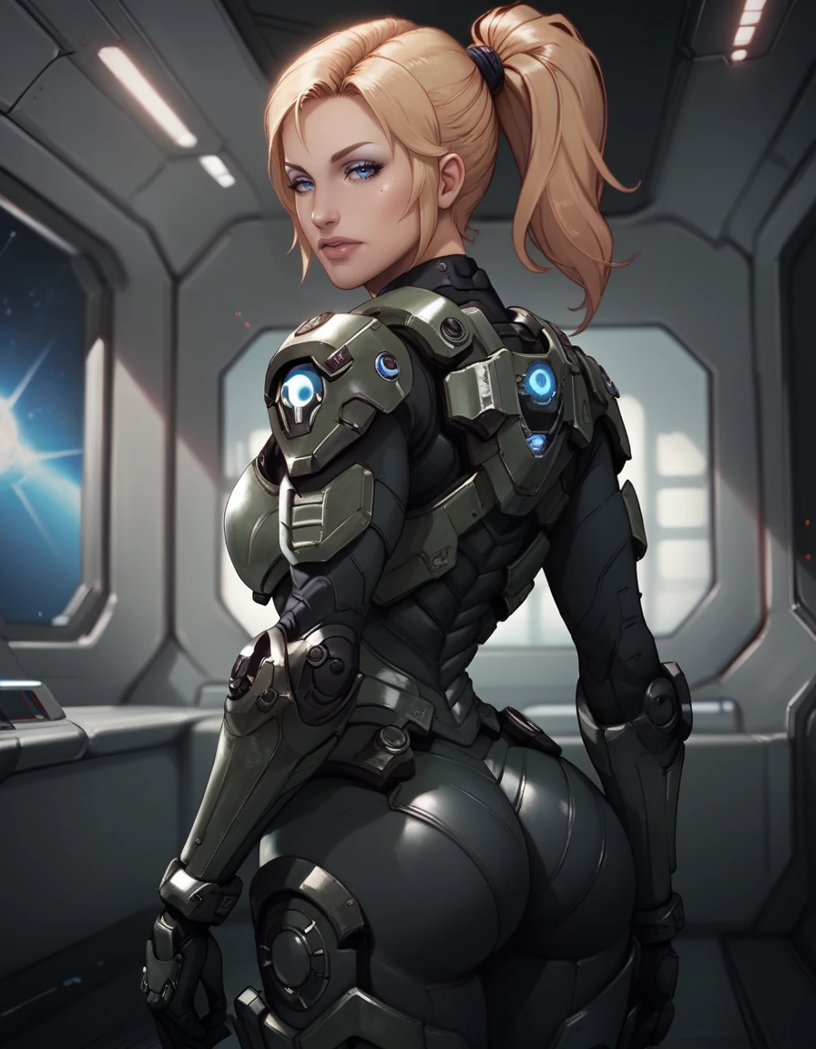 score_9, score_8_up, score_7_up,     
1girl, solo,
icesstdg,
blonde hair, blue eyes, looking at viewer, ponytail, 
half-closed eyes, 
spacecraft interior, science fiction, 
armor, from behind, black bodysuit,
 <lora:Ice SS Troopers PXL v01-000001:1>