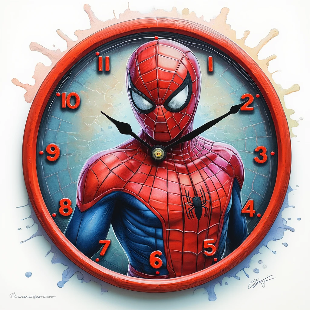 Color drawing of a colorful plastic wall clock featuring Spiderman.

pncldrwenCE style.