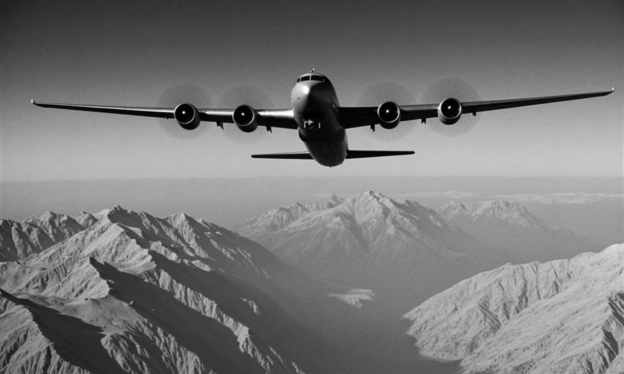 KBKBW strangelove, Airplane with multiple engines flying over mountains, shadow on landscape, distant mountain ranges in the background.