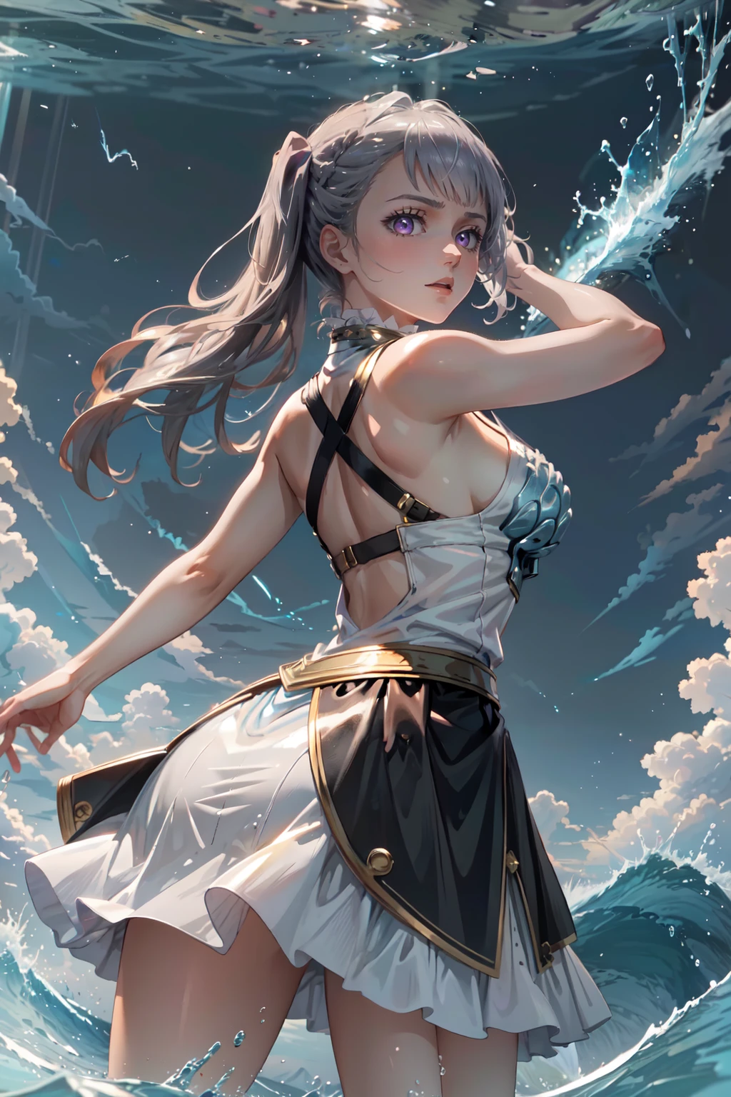 Noelle Silva from Black Clover, noelle_silva, long silver hair, bright violet eyes, wearing her Valkyrie Dress armor, magical water armor with glowing details, water wings extended from her back, casting a powerful water spell, surrounded by swirling water currents, determined and brave expression, background of a stormy sky with lightning and dark clouds, bright details and light particle effects around, epic and intense atmosphere, dynamic and energetic pose, high-quality anime style, refined details, and vibrant colors, <lora:noelle_silva-03:1>