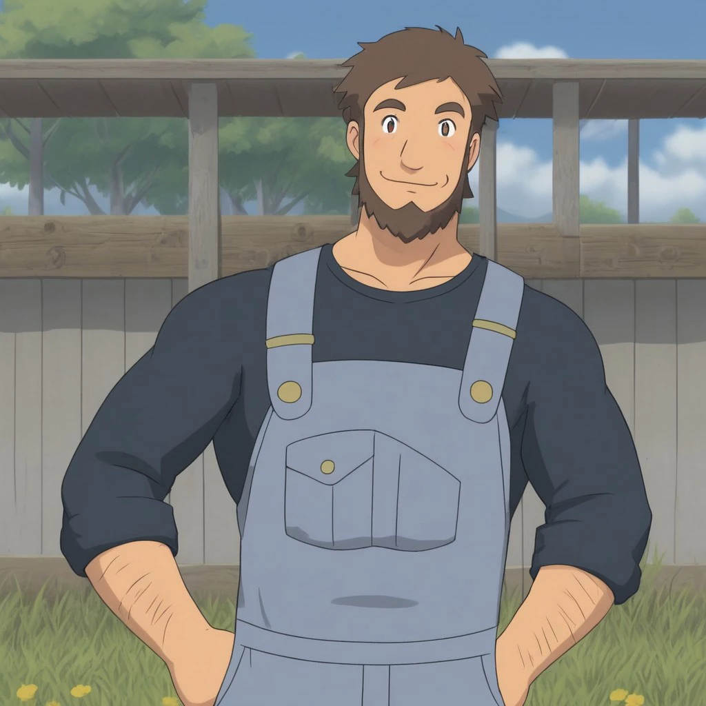 Solo, male, Pkmm_trainer_Meyer, bara, hairy arms, beard, brown eyes, brown beard, short brown hair, naval, chest hair, overalls pulled down, shirtless, pectoral  muscles, nipples, abs, smile, penis bulge, leaning against a fense, outside, at a farm, daytime, sweets body, half naked