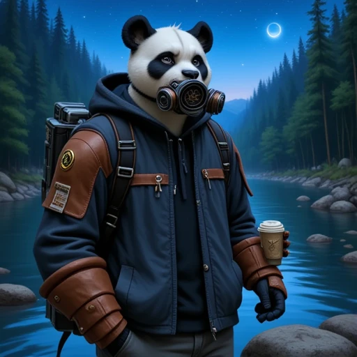 cyborg panda, gas mask, motor vehicle, eyepatch, river, hood up, black hair, brown gloves, coffee, single mechanical arm, bamboo forest, night, blue skin, open mouth, hand in pocket, holding weapon, solo, cup, grey pants, giant, starry sky