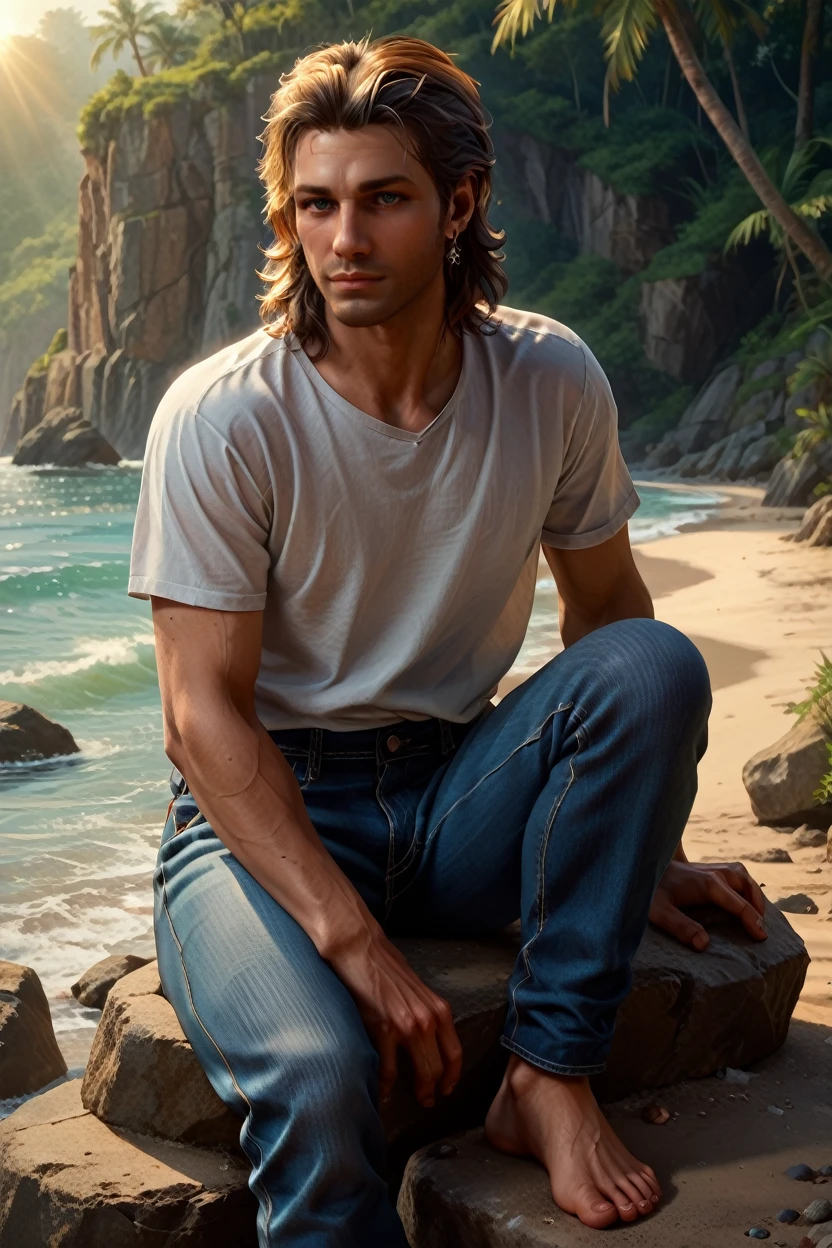 score_9, score_8_up, score_7_up, score_6_up
<lora:BGGale:1.0>
BGGale, 1boy, earring, brown hair, looking at viewer, male model in a white t-shirt, sitting on a beachside rock, jeans rolled up, barefoot, gazing at the horizon, soft sunlight, serene expression