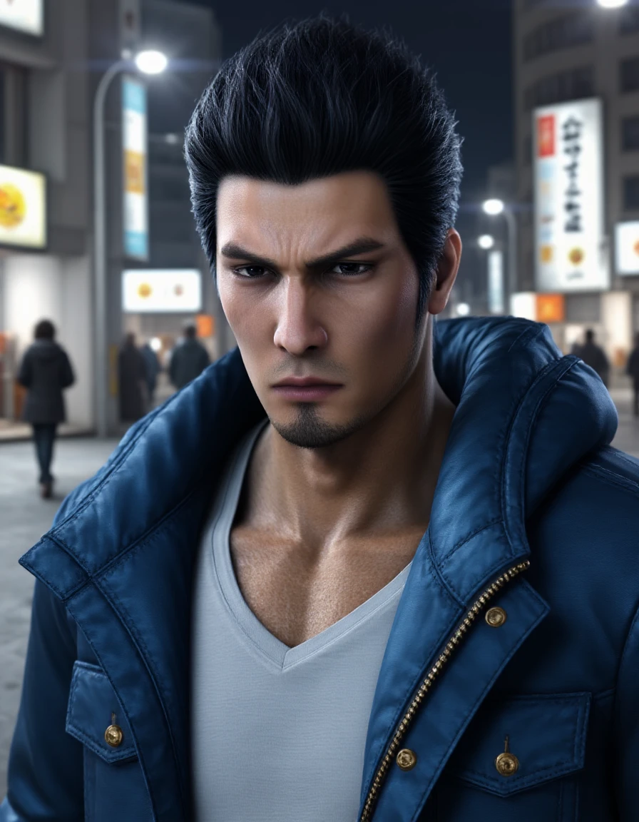 <lora:Kazuma Kiryu_epoch_23:1> Portrait of Kazuma Kiryu wearing blue jacket with white v-neck t-shirt underneath. The background implies Japanese city street at night.