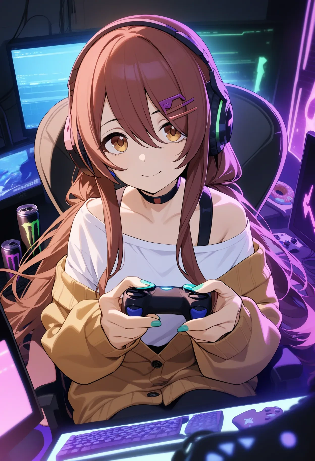 t_osaki, 1girl, long hair, solo, headphones, controller, can, choker, game controller, looking at viewer, hair ornament, sitting, brown hair, hairclip, hair between eyes, bangs, holding controller, holding, smile, energy drink, food, keyboard (computer), nail polish, monster energy, playstation controller, closed mouth, collarbone, holding game controller, doughnut, long sleeves, monitor, chair, indoors, off shoulder, gamepad, cardigan, purple eyes, masterpiece, best quality, very aesthetic, absurdres
<lora:t_osakiXL_animagine:1>