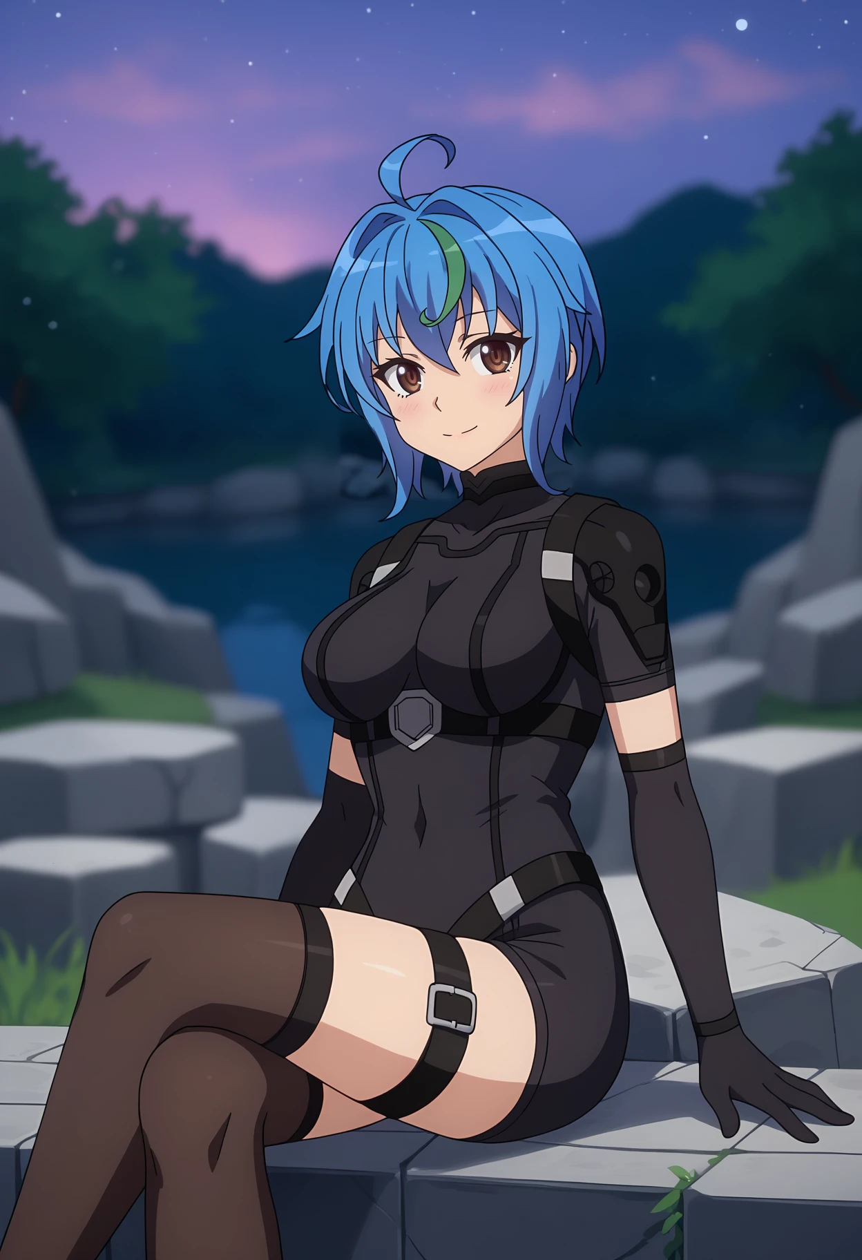 score_9,
<lora:HighschoolDxD_XenoviaQuartaXL:0.9>,
1girl, solo, closed mouth, light smile, light blush,
short hair, streaked hair, blue hair, green hair, brown eyes, ahoge,
XenoviaBodysuit, black bodysuit, short sleeves, elbow gloves, black belt, arm belt, black thighhighs,
sitting, crossed legs, looking at viewer,
purple sky, night, blurry background, outdoors, stone