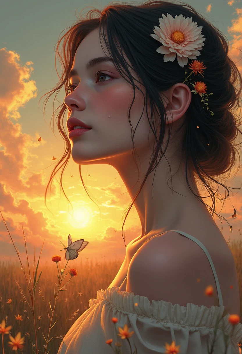 ((absurdres posterart)) realistic graceful 20-year-old 1girl,A dress of flowers and butterflys, Perfect clouds in the sunset, motif buttereflies flying firefly, sounds of morning melody, Motif sunset shades, motif sunset tones, Rossdraws, Atey Ghailan, Benedick Bana, and carne griffiths, Fields of flowers,
detailed face focus, rays tracing, piercing light, , long face :1