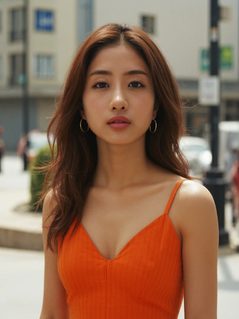 Portrait of satish woman standing on a street corner. She has shoulder long brown hair and is looking at the camera. She is wearing golden earrings and a cute orange dress that highlights her breasts. The dress contains a choker that is connected to the dress with stripes building a leaf pattern. The scene is a colorful professional photoshoot with natural sunlight.