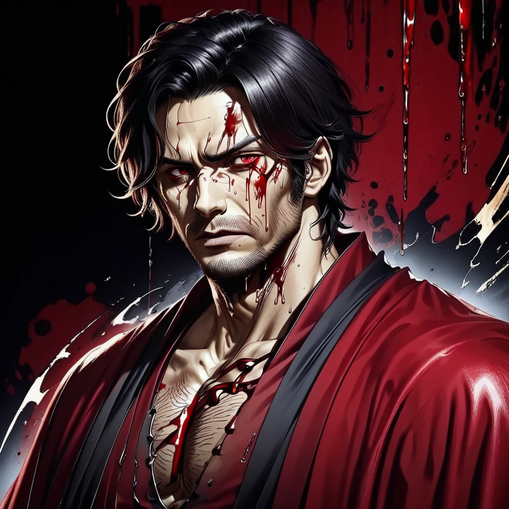 Master piece, highest quality, Create an elder of a demonic sect. The character looks like he is in his late twenties or early thirties. He is handsome. He has black shoulder-length shaggy hair. He holds a one-handed sword that is dripping with blood in his right hand. His outer robe is black and the inner robe is dark red. no beard His eyes are dark red. Detailed face. Red robe. The character is absolutely insane and evil, and you are free to depict him that way. The background is a pitch black wall covered in unnatural amounts of flesh, brainmatter, and blood.