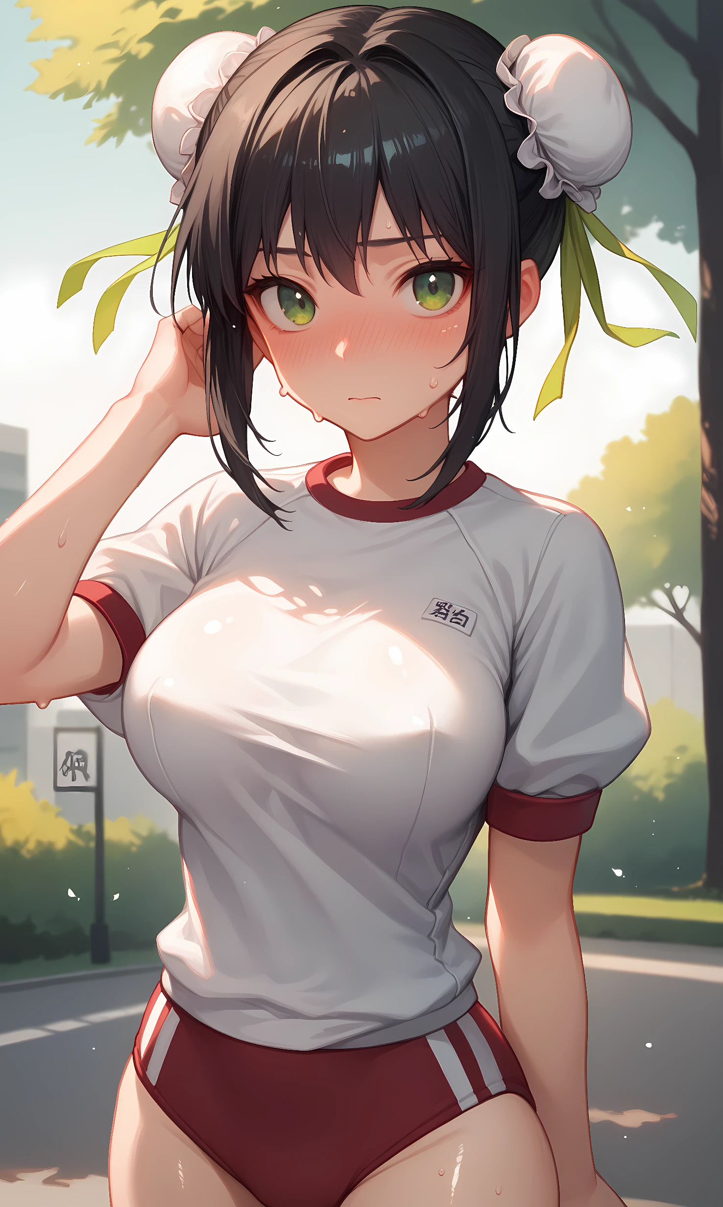 score_9, score_8_up, score_7_up, BREAK source_anime, 1girl, solo, outdoors, park, cowboy shot, standing, looking at viewer, qin_liangyu, green eyes, black hair, hair bun, double bun, bun cover, sidelocks, green ribbon, hair ribbon, white shirt, short sleeves, gym uniform, buruma, shiny skin, sweat, nose blush