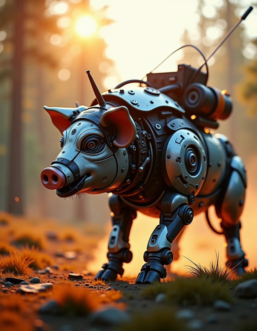 H0riz0nMach1ne, robotic, a pig, side view, in a post Apocalyptic farm, bokeh, anamorphic lens flare