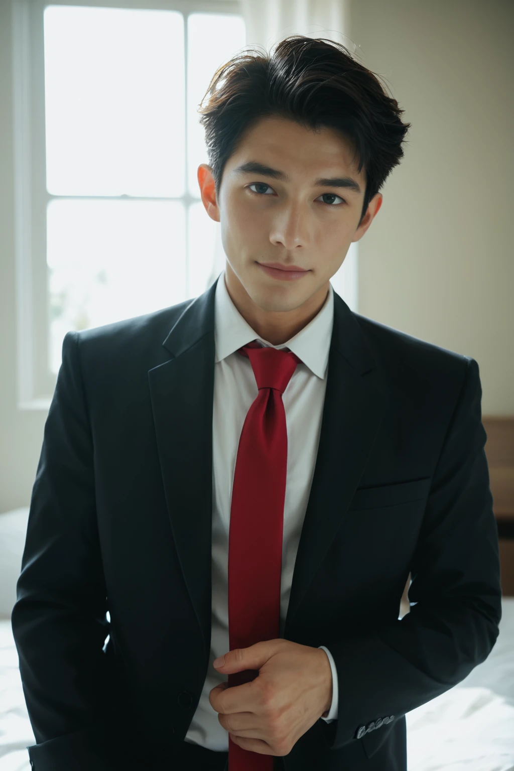 photo,professional photography,realistic skin,sunlight,<lora:aboy2:0.7> abois,korean,looking at viewer,bedroom,,realistic,solo,highres,1boy,score_9, score_8_up, score_7_up, score_6_up,short hair,solo,business suit, red necktie,