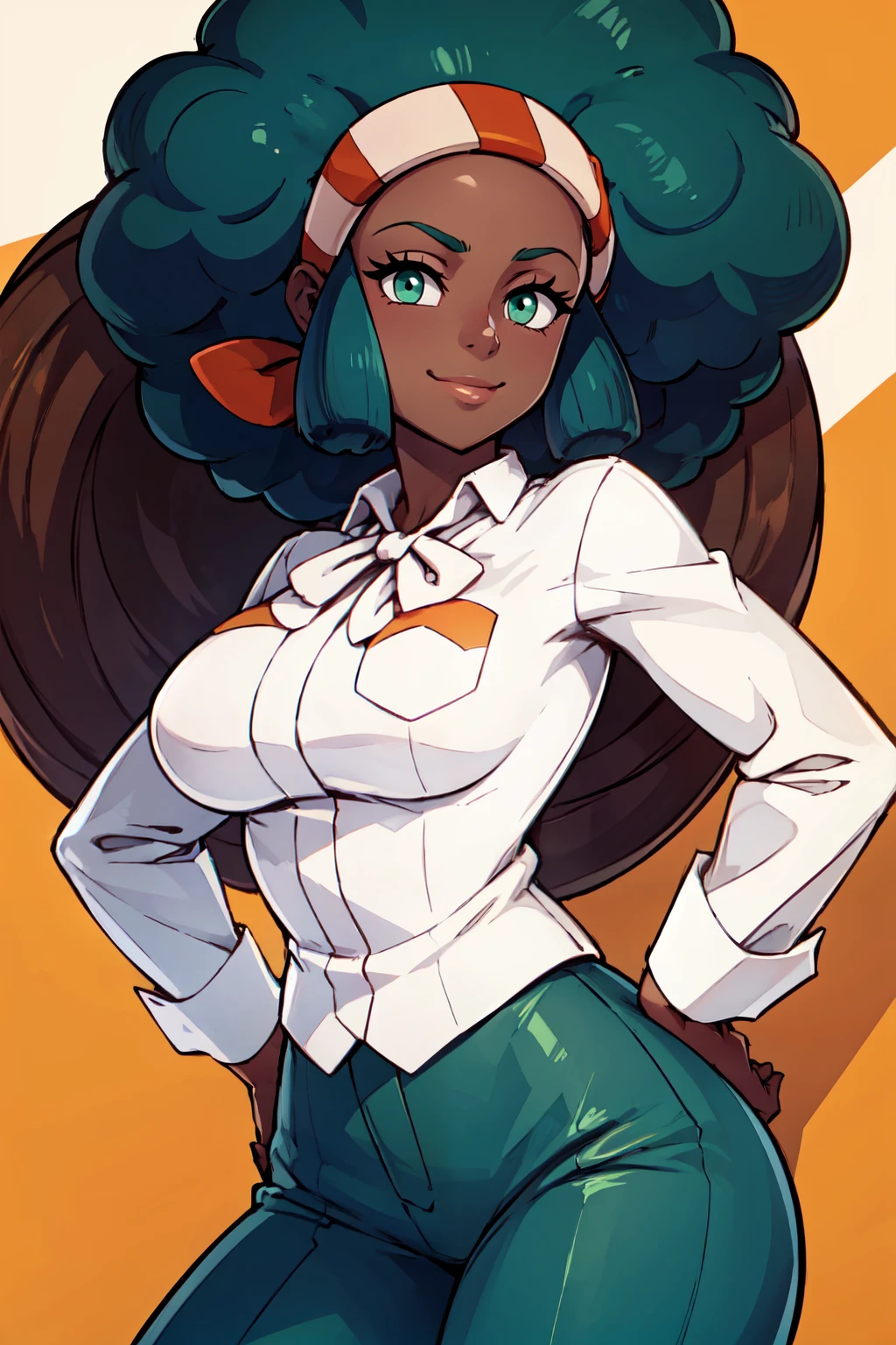 ((masterpiece,best quality)), absurdres,  BREAK,, <lora:Lenora_Pokemon:0.8>, zzLenora, green eyes, green hair, afro, big hair, dark skin, large breasts, hairband,  white shirt, blue pants, , BREAK, hip to the side, contrapposto,, BREAK, solo, smile, looking at viewer, cowboy shot,