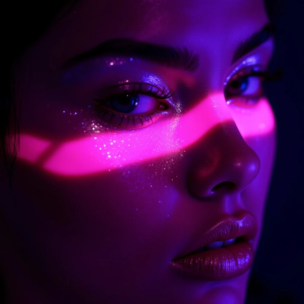 ethereal_makeup, make-up, Close-up of a woman with perfect makeup, in a dark room with a single beam of neon light, the vivid colors of pink and purple illuminating her face in an artistic way, creating a striking contrast with the darkness around her, making her makeup appear even more dramatic.