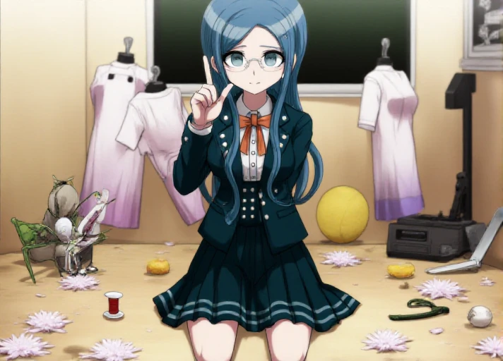 <lora:Tsumugi_Shirogane:1.3> This is an anime screencap from Danganronpa 3. Tsumugi Shirogane wearing her uniform from Danganronpa V3. Tsumugi Shirogane has knee-length teal-blue hair parted in the center which is straight and smooth at the base and gradually splits into waves near the tips. Her eyes are large, round, and are a soft teal-green color. Tsumugi wears round, rimless glasses with white temples. Tsumugi's Danganronpa V3 school uniform consists of a white blouse with an orange bow tied at her collar underneath a two-button, pocketed, teal-black school blazer adorned with two silver buttons on each lapel and a single button on each gorge. She wears a knee-length teal-black pleated skirt with two dark teal stripes lining the hem. Her legwear consists of dark navy knee-length socks and teal-gray loafers. Tsumugi has a disappointed expression.  In Tsumugi's left hand, she holds a needle and a red thread. Her right hand is pointing upwards towards the right. Tsumugi is sitting and facing the viewer. In front of her, there is a smaller chibi or SD version of herself holding a spool of red thread, and a few flowers in the background. Half finished anime costumes are scattered about as are a shot put ball, kitchen knife, baseball, and preying mantis figurine.