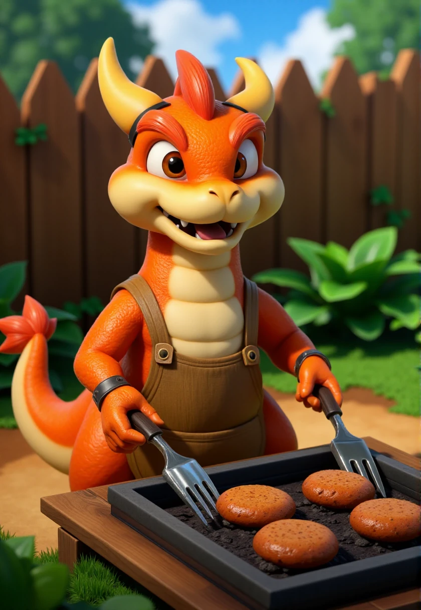 <WARNING: Don't remix this at the listed strength, bring it down to 1.0 - 1.2!>
mariorpgstyle, Anthro dragon wearing an apron cooking hamburgers on the barbecue.  