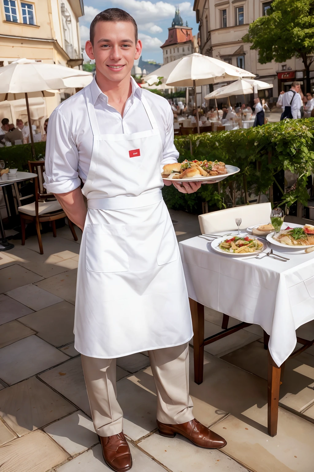 busy bistro cafe, busy restaurant, outdoor cafe table, Prague, beautiful partly cloudy day, IvanBartok is a happy waiter, wearing white dress shirt, tan pants, dress shoes, (waiter's apron), ((holding serving tray with plates of food)), smiling, (((full body portrait))), wide angle <lora:IvanBartok:0.8>