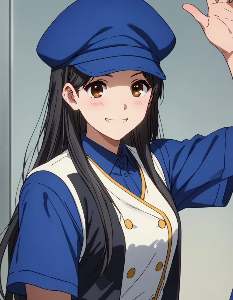 score_9, score_8_up, score_7_up, score_6_up, score_5_up, score_4_up, source_anime <lora:AmagiBrilliantPark:1>, dynamic pose, smile,  Eiko, long hair, blush, shirt, black hair, hat, brown eyes, collared shirt, vest, blue shirt, blue headwear, cabbie hat,