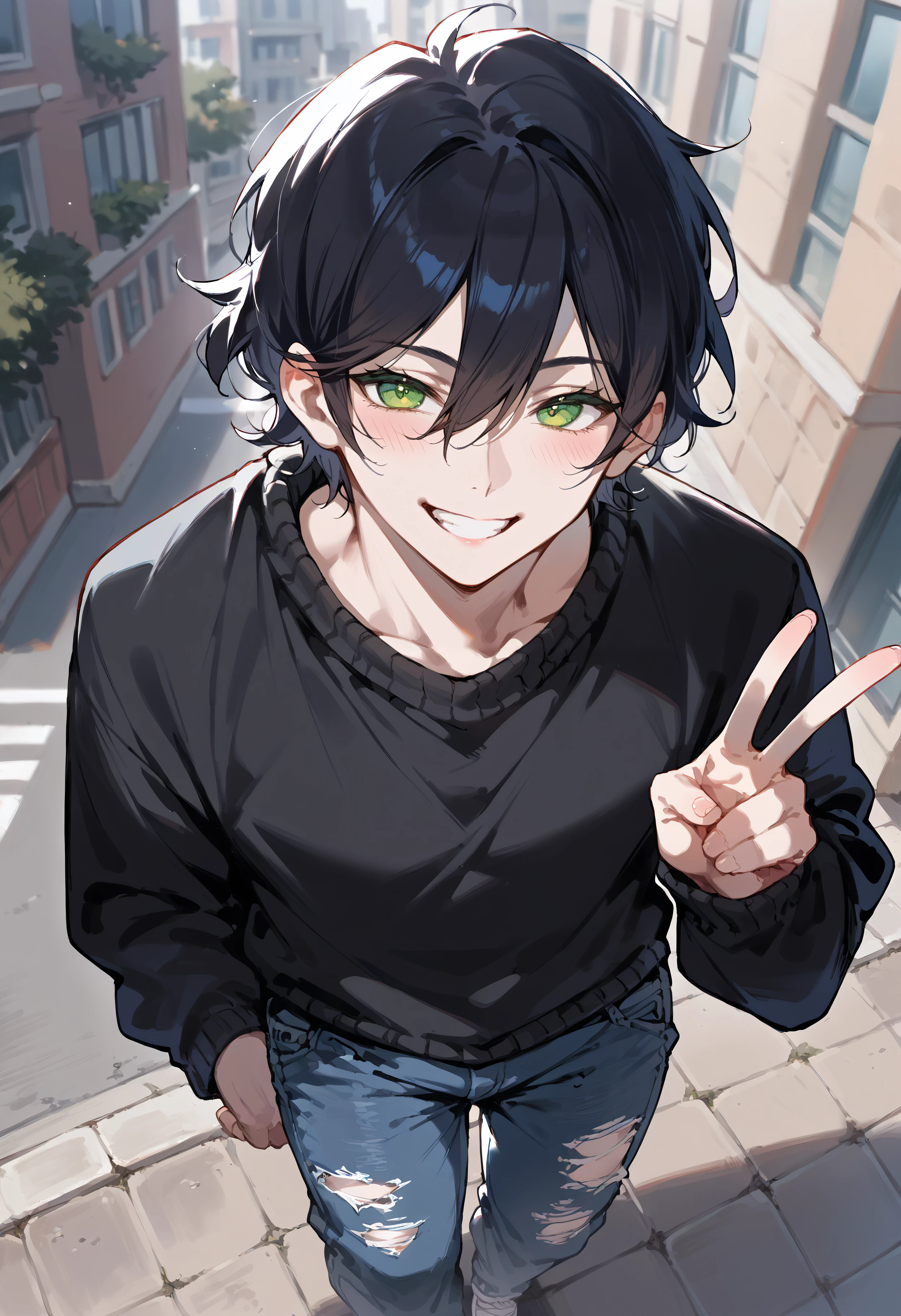 score_9, score_8_up, score_7_up, best quality, source_anime BREAK, Andrew Graves, 1boy, black hair, short hair, green eyes, black sweater, denim, ripped jeans, green eyes, <lora:AndrewGraves:1>, solo, from above, city, depth of field, blush, smile, v, outdoors, hair between eyes, shirt,