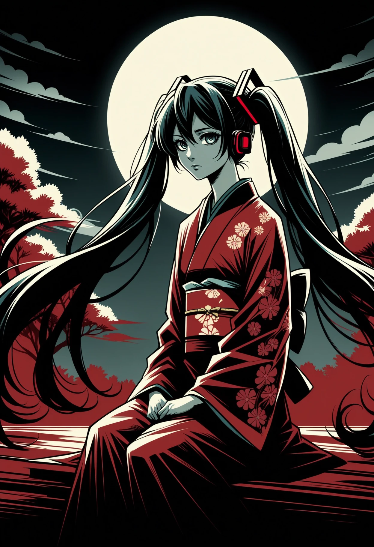 score_9, score_8_up,score_7_up, <lora:lnrnr_pdxl_EliPot_r1:1>, high contrast, shadow, red theme, limited palette, full moon, western comics \(style\),
,outdoors,koniro,kimono,wide_sleeves,very_long_hair,solo,blue_hair,long_hair,rubbing_eyes,one_eye_closed,japanese_clothes,print_kimono,blue_eyes,night,arm_support,closed_mouth,twintails,1girl,floral_print_kimono,vocaloid,sitting,highres,hatsune_miku