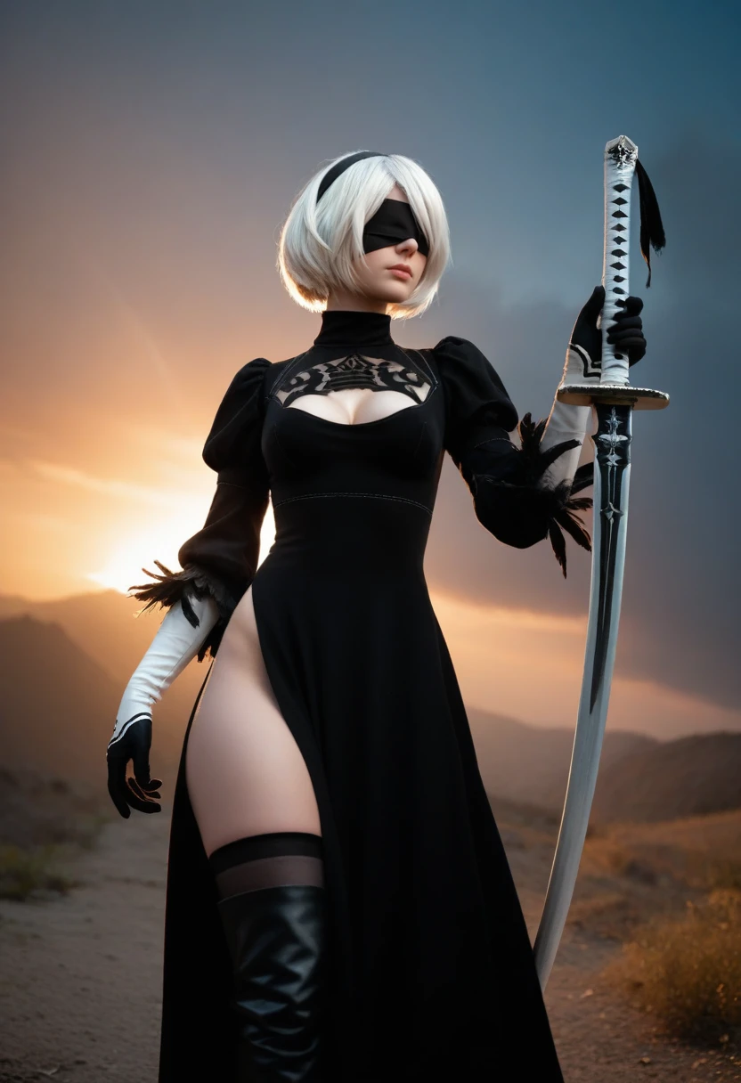 score_9, score_8_up, score_7_up, score_6_up, score_5_up, score_4_up, realistic
1girl, yorha no. 2 type b, solo, blindfold, weapon, dress, sword, black blindfold, white hair, black dress, thighhighs, hairband, gloves, short hair, clothing cutout, cleavage cutout, puffy sleeves, long sleeves, breasts, black hairband, katana, feather-trimmed sleeves, juliet sleeves, mole under mouth, holding weapon, black thighhighs, black gloves, holding sword, cowboy shot, medium breasts, covered eyes, holding, vambraces, mole, cleavage, boots, leotard, closed mouth, turtleneck, side slit, thigh boots, outdoors, sunset, dust, from below, epic clouds