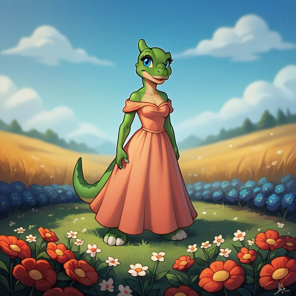 score_9, score_8_up, score_7_up, score_6_up, source_furry, Duckylbt, anthro, female, Saurolophus, dinosaur, scalie, green skin, blue eyes, standing in a field of flowers, princess style dress,, <lora:d0137ffa-0563-4d91-942f-6f6de11dcdd1:0.7>