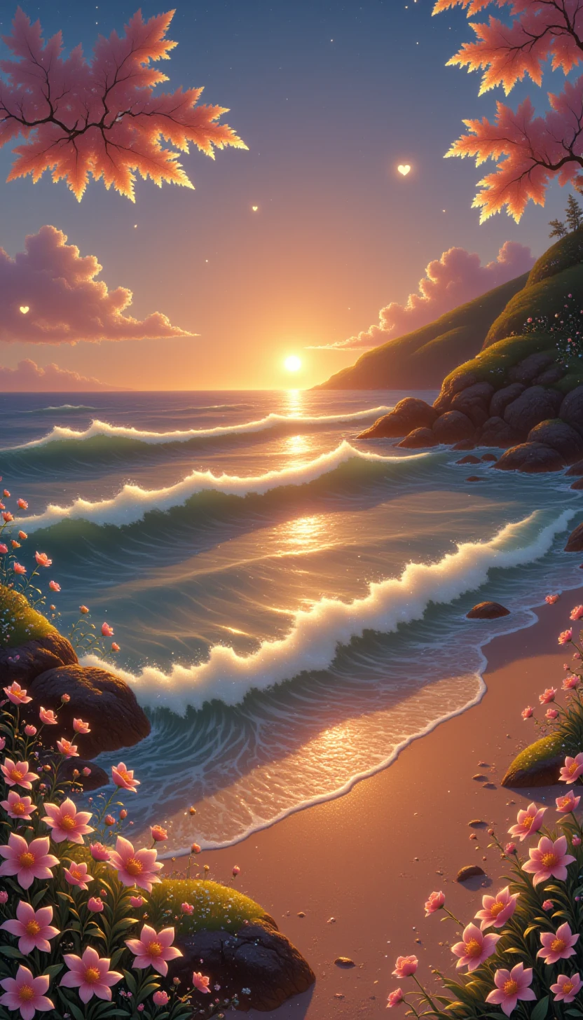 glitters, glowing hearts, A dreamlike beach at sunset, with vibrant wildflowers and a distant, shimmering waterfalls