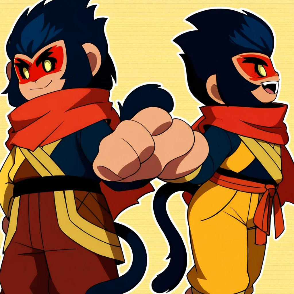 liuer mihou, happy, anime, mask, yellow sclera, red scarf, monkey tail, black hair