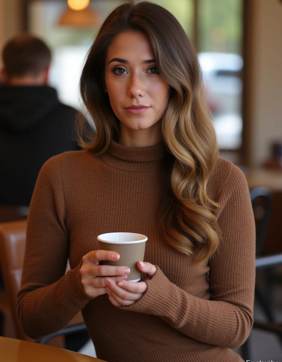 <lora:Eva_Lovia_Flux:1>  realistic photo of evalovia, makeup,  wearing a fitted turtleneck sweater dress,  in a cafe having a coffee.